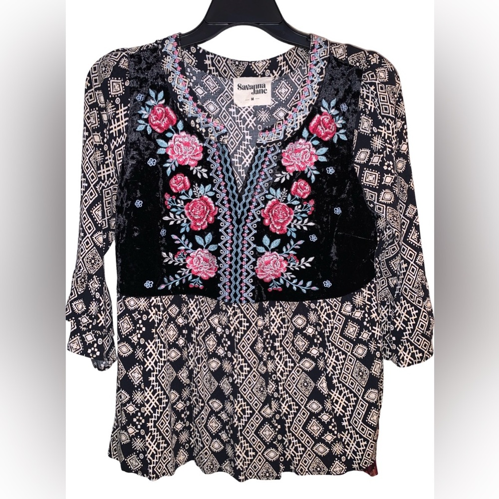 Savanna Jane Embroidered Black Bohemian Peasant Top Size Medium